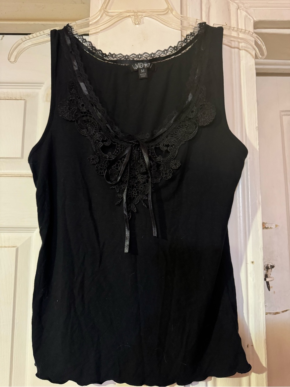 Dolls Kill Black Lace-Trim Ribbon Tank Top widow M
